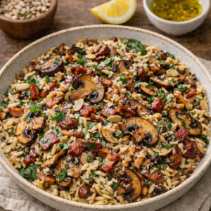 orzo-pasta-with-balsamic-glazed-mushroom-baconparmesan-almond-salad