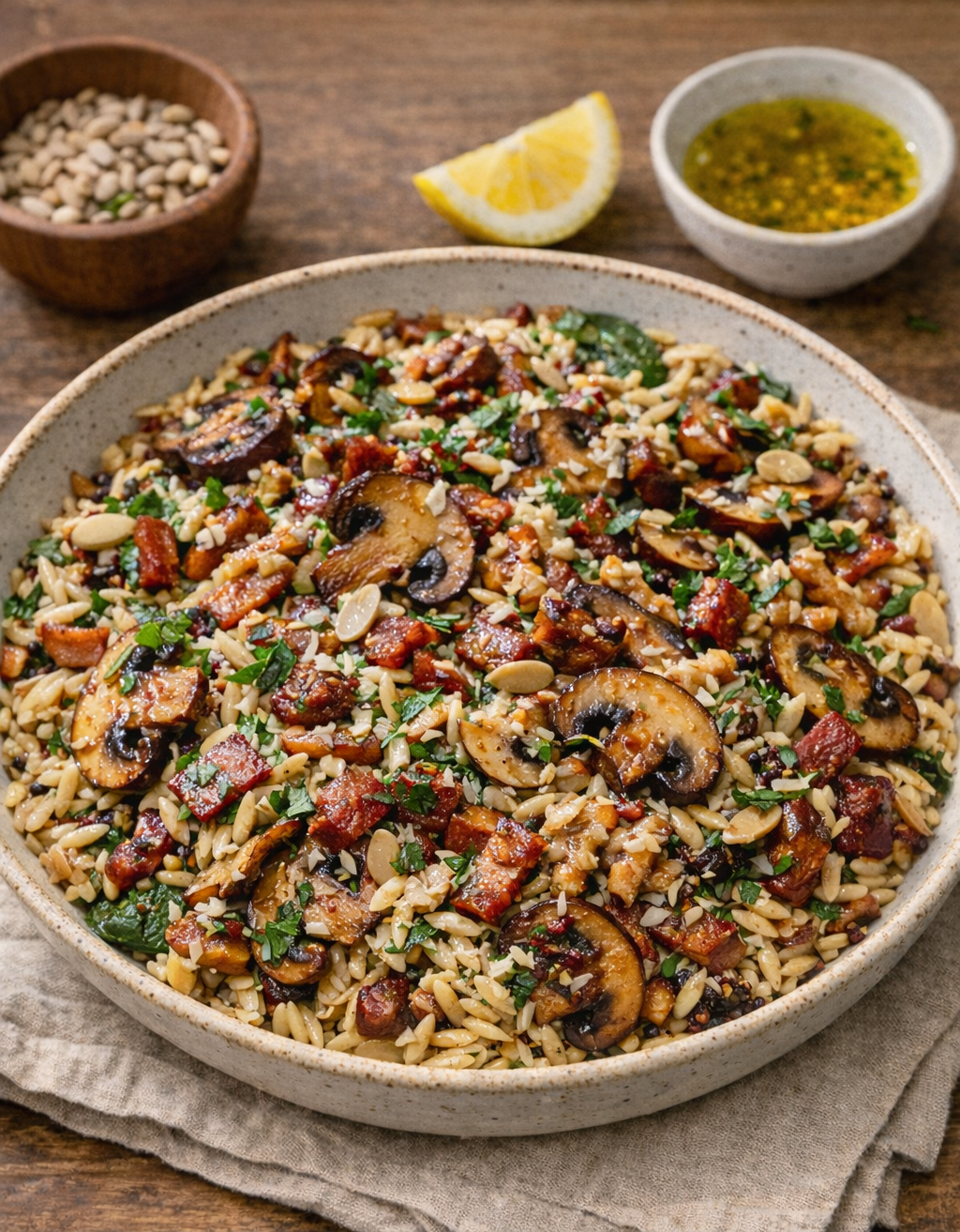 Orzo Pasta with Balsamic Glazed Mushroom, Bacon,Parmesan, Almond Salad